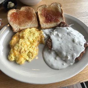 Chicken fried steak, eggs, toast