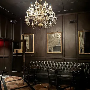 a chandelier in a dark room