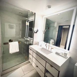 Bathroom has great lighting.