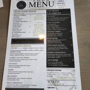 the menu of the hotel fremont