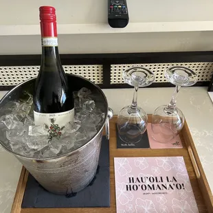 they set up the room for our anniversary with the wine bottle my partner bought!