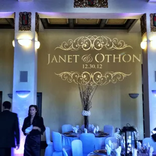 Custom wedding monogram at the Historic Woodland Hotel. Lighting by Lite Sacramento. www.litesacramento