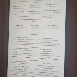 Lunch/dinner menu as of Sept. 9, 2022