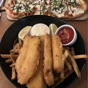 Fish and chips and Margherita flatbread