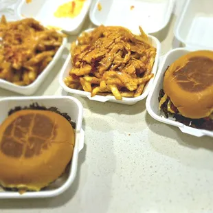 Hotline Burger, BBQ burger, and two orders of Smack Fries