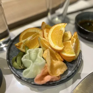 Free shrimp chips and fruits