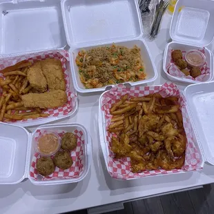 Fried catfish plate. Crawfish/ house rice. Fried shrimp plate with fries. Boudin balls.