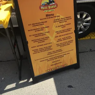 a menu for a hot dog
