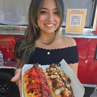 @ HottaDog Combo. Bacon, Chicaron and Mozzarella. And Bacon Chili, Cheddar and Flamin Hot Cheetos. Barbecue drizzle. Both mouth watering!
