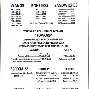the menu for hotwangs