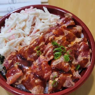 Spicy ahi bowl and crab salad.