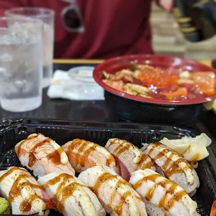 Garlic salmon, ebi, hamachi, tuna, all seared and delicious