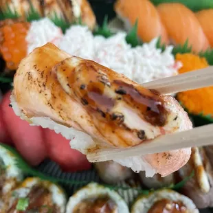 a close up of a plate of sushi