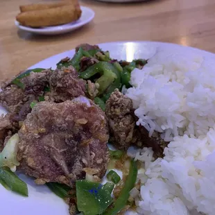 gang-do Pai gwut (deep fried pork chop rice) with Vegetable Egg Roll