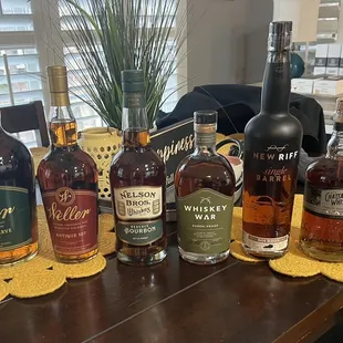 a variety of whiskeys on a table