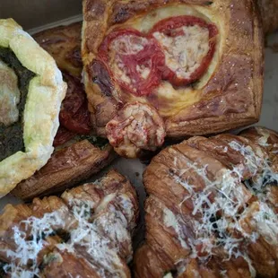 Clockwise from top left - Arugula Pesto Lemon Ricotta Galette, Caprese danish, Fauxstess cupcake, "Garlic bread" croissants