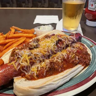 Foot-Long chili/cheese dog with sweet potatoes