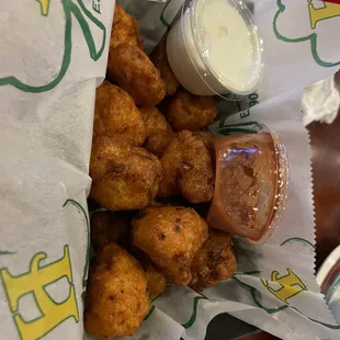 Cauliflower bites with blue cheese and hot wing sauce