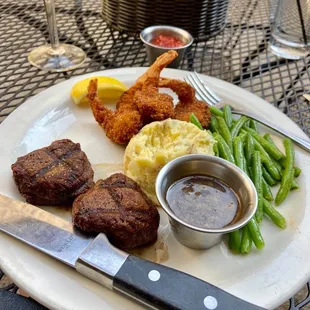 Steak Medallions with Candied Garlic Sauce and Portobello Mushrooms + Panko Fried Shrimp