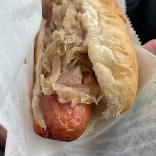 Kielbasa with brown mustard and sauerkraut