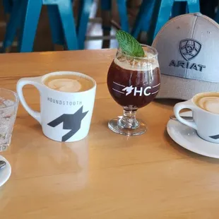 Doppio, sparkling water, latte, coffee Julep and lavender latte