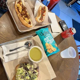 Split pea soup, avocado egg salad sandwich  Chile hot dog with pimento cheese , all American hot dog and a bag of chips