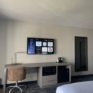 Desk and tv with many options to watch tv