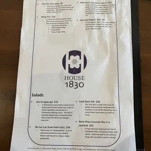 the menu for the restaurant