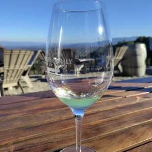 a glass of wine on a wooden table