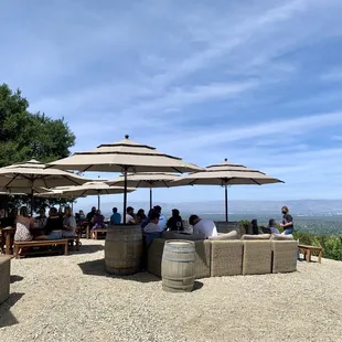 people sitting under umbrellas