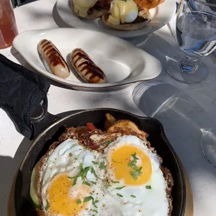 Veggie skillet, Canter Hills Farm Sausage, the original eggs Benedict (substituted bacon for Canadian bacon), iced black tea. Delicious!