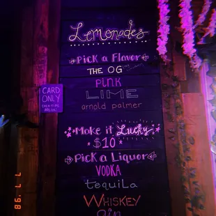 Bar menu drinks