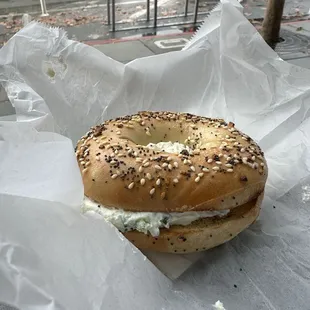 Everything bagel with scallion cream cheese