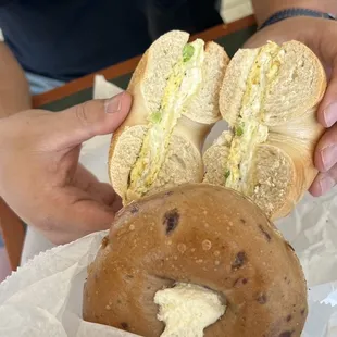 Breakfast bagel and blueberry cream cheese bagel!!