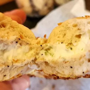 Onion Bagel ( Toasted , jalapeno smear)