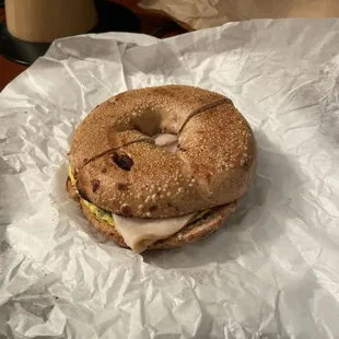 Breakfast sandwich on cinnamon raisin