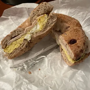 Breakfast sandwich on cinnamon raisin