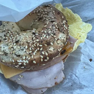 Ham, egg, and cheese on all in one bagel
