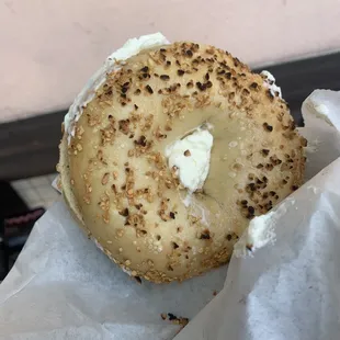 Garlic bagel with cream cheese