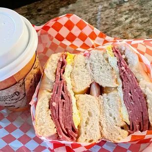 Corned Beef with egg bagel; coffee