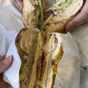 Hummus Veggie Bagel on top, Sausage Egg Bagel on the bottom!