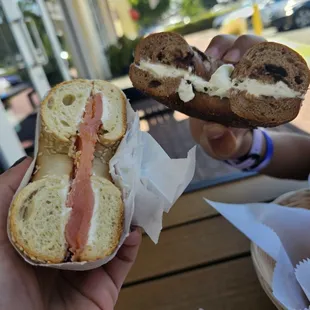 Sesame bagel with cream cheese and lox. Chocolate chip bagel with cream cheese.