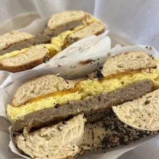 Everything bagel breakfast sandwich w pork sausage