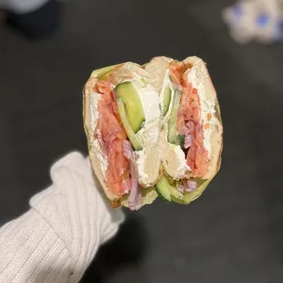 Closed-face Lox Bagel Sandwich on Pesto bagel ($10) @chelchomps on ig!