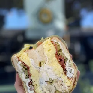 a hand holding a sandwich