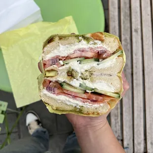 Lox bagel sandwich, close faced, pesto cheese bagel, $9.