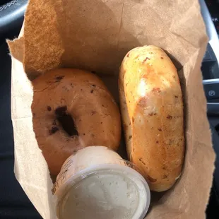Eating these in the car so here is the best pic !   Whole wheat with raisin and lite crème cheese.  Yummy !