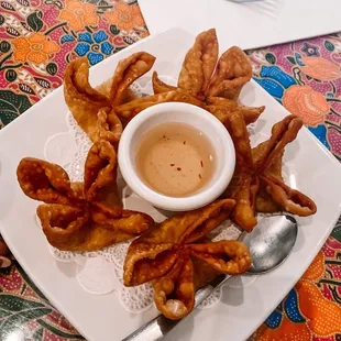 a plate of fried dumplings with dipping sauce