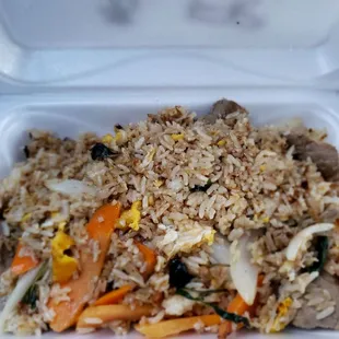 Beef basil fried rice without tomatoes or bell pepper. Yum