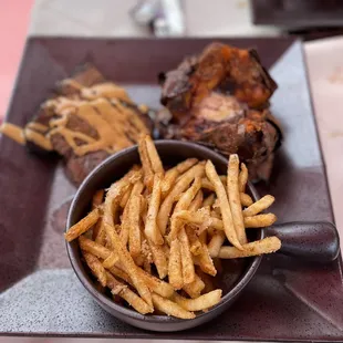 Beef Brisket Shoestring Garlic and Parmesan Fries Smoked Sweet Potato